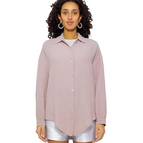 SASSYCLASSY Oversize Musselin Bluse Damen Langarm - Oversized Freizeit Look - Hemdbluse lang aus Baumwolle mit V Ausschnitt - Long-Bluse One Size (Gr. 36-48) Puderrosa von SASSYCLASSY