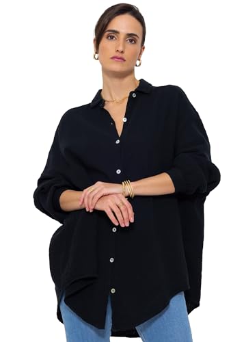 SASSYCLASSY Oversize Musselin Bluse Damen Langarm in Schwarz - Oversized Freizeit Look - Hemdbluse lang aus Baumwolle mit V Ausschnitt - Long-Bluse One Size (Gr. 36-48) von SASSYCLASSY