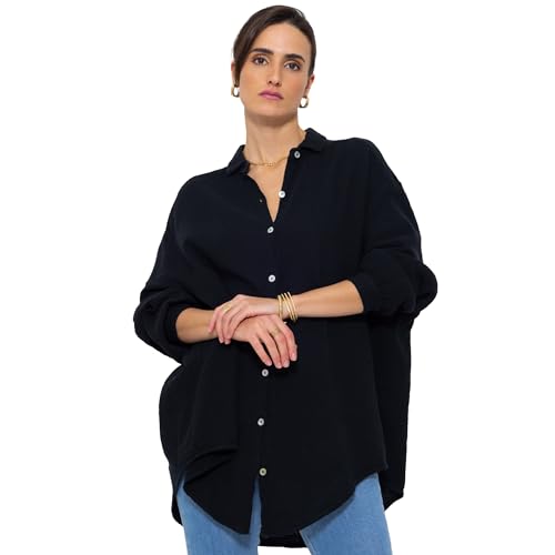 SASSYCLASSY Oversize Musselin Bluse Damen Langarm - Oversized Freizeit Look - Hemdbluse lang aus Baumwolle mit V Ausschnitt - Long-Bluse One Size (Gr. 36-48) Schwarz von SASSYCLASSY