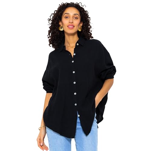 SASSYCLASSY Oversize Musselin Bluse Damen Langarm in Schwarz - Oversized Freizeit Look - Hemdbluse lang aus Baumwolle mit V Ausschnitt - One Size (Gr. 36-48) von SASSYCLASSY