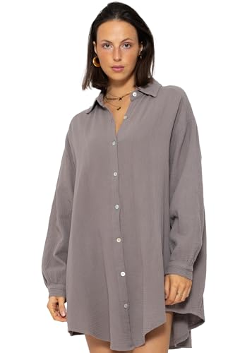 SASSYCLASSY Oversize Musselin Bluse Damen Langarm in Taupe - Oversized Freizeit Look - Hemdbluse lang aus Baumwolle mit V Ausschnitt - Long-Bluse One Size (Gr. 36-48) von SASSYCLASSY