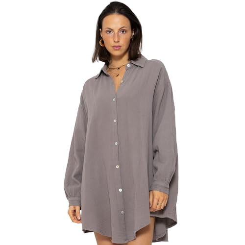 SASSYCLASSY Oversize Musselin Bluse Damen Langarm in Taupe - Oversized Freizeit Look - Hemdbluse lang aus Baumwolle mit V Ausschnitt - Long-Bluse One Size (Gr. 36-48) von SASSYCLASSY