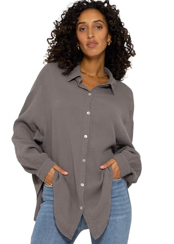 SASSYCLASSY Oversize Musselin Bluse Damen Langarm in Taupe - Oversized Freizeit Look - Hemdbluse lang aus Baumwolle mit V Ausschnitt - One Size (Gr. 36-48) von SASSYCLASSY