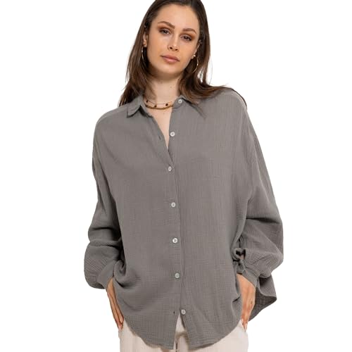SASSYCLASSY Oversize Musselin Bluse Damen Langarm - Oversized Freizeit Look - Hemdbluse lang aus Baumwolle mit V Ausschnitt - Long-Bluse One Size (Gr. 36-48) Taupe von SASSYCLASSY