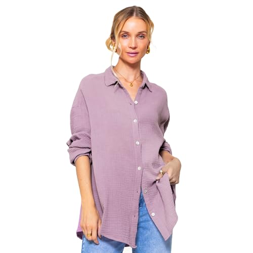 SASSYCLASSY Oversize Musselin Bluse Damen Langarm - Oversized Freizeit Look - Hemdbluse lang aus Baumwolle mit V Ausschnitt - Long-Bluse One Size (Gr. 36-48) Violett von SASSYCLASSY