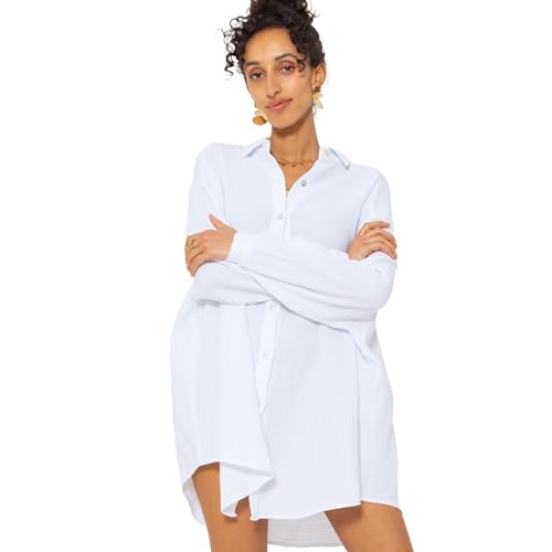 SASSYCLASSY Oversize Musselin Bluse Damen Langarm - Oversized Freizeit Look - Hemdbluse lang aus Baumwolle mit V Ausschnitt - Long-Bluse One Size (Gr. 36-48) Weiß von SASSYCLASSY