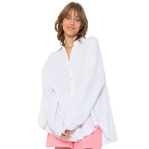 SASSYCLASSY Oversize Musselin Bluse Damen Langarm in Weiß - Oversized Freizeit Look - Hemdbluse lang aus Baumwolle mit V Ausschnitt - One Size (Gr. 36-48) von SASSYCLASSY