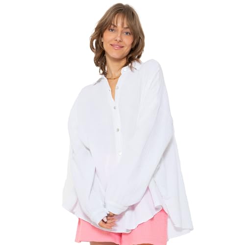 SASSYCLASSY Oversize Musselin Bluse Damen Langarm - Oversized Freizeit Look - Hemdbluse lang aus Baumwolle mit V Ausschnitt - Long-Bluse One Size (Gr. 36-48) Weiß von SASSYCLASSY