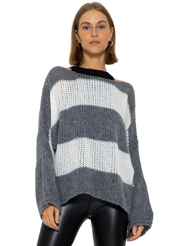 SASSYCLASSY Oversize Pullover Damen elegant in Grau Weiß - Langarm Strickpullover - weiter Rundhals Pulli - Größe M von SASSYCLASSY