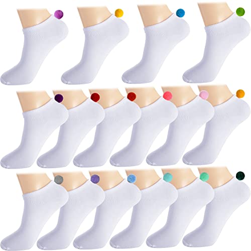 16 Paar Damensocken mit Bommeln auf der Rückseite, knöchelhoch, niedrig geschnittene Socken mit Bommel für Frauen, Mädchen, weiße Knöchelsocken, nahtlose, sportliche, Herren, Jungen von SATINIOR