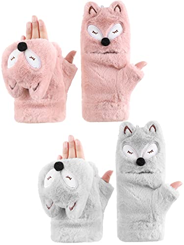 SATINIOR 2 Paar Katze Handschuhe Plüsch Damen Fäustlinge Fuchs Dicke Fingerlose Fäustlinge mit Flip Top (Rosa, Grau, Fuchs) von SATINIOR