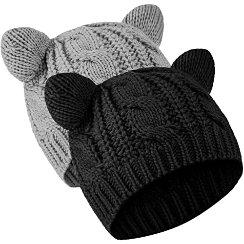 2 Stück Katzenohren Beanie Hüte Niedliche Katze Strickmütze Winter Strickmütze für Frauen Mädchen, Schwarz, Hellgrau, von SATINIOR