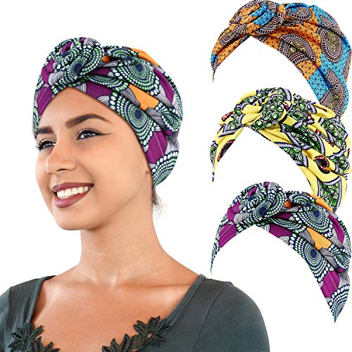 SATINIOR 3 Stücke Afrikanischen Turban Kopf Wickeln Schal Boho Turban Elastische Verknotete Beanie Cap (Gelb, Orange und Grün) von SATINIOR