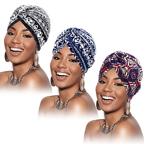 3 Stücke Turban für Frauen Baumwolle Weich Turban Gemusterte Mütze Plissee Kopfwickel Kappe Haarausfall Hut (Schwarz, Marine, Dunkelblau) von SATINIOR