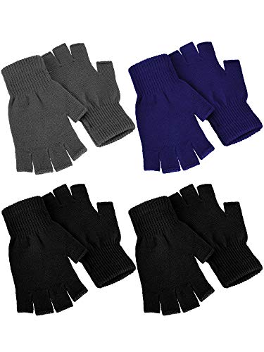 Halbfingerhandschuhe für den Winter, gestrickte fingerlose Fäustlinge, warme dehnbare Handschuhe für Herren und Damen, 4 Paar., Schwarz, Grau, Blau, Medium von SATINIOR