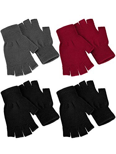 Halbfingerhandschuhe für den Winter, gestrickte fingerlose Fäustlinge, warme dehnbare Handschuhe für Herren und Damen, 4 Paar., Schwarz, Marineblau, Rot, Medium von SATINIOR