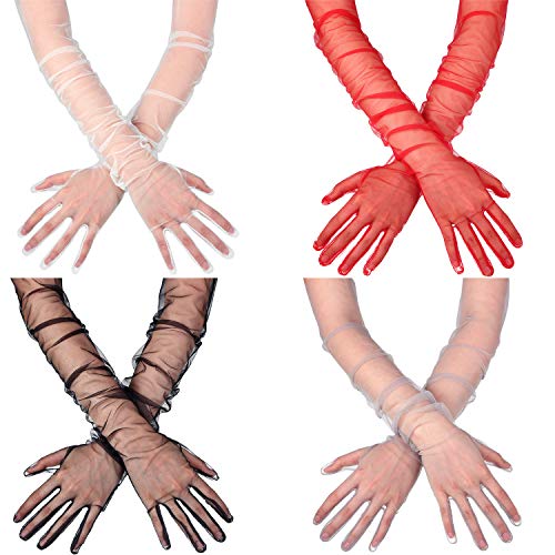 SATINIOR 4 Paar Transparente Tüll Handschuhe Damen Ellenbogen Lange Netz Hochzeit Handschuhe für Party (M) von SATINIOR