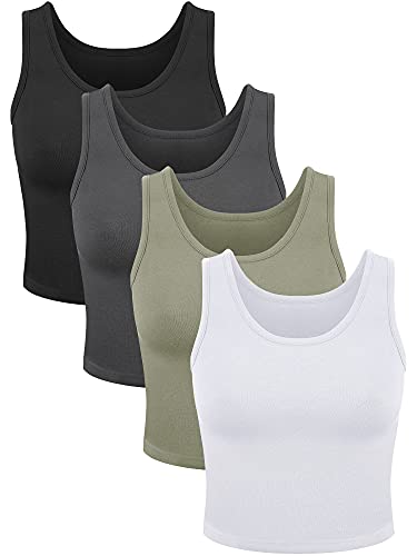 4 Stück Frauen Basic Crop Tank Top Kurz Ärmellos Sport Crop Top, Dim Gray, Schwarz, Dunkles Olivgrün, Weiß, Mittel von SATINIOR