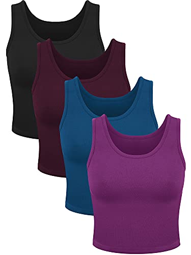 4 Stück Frauen Basic Crop Tank Top Kurz Ärmellos Sport Crop Top, Lila, Schwarz, Königsblau, Dunkelrot, Mittel von SATINIOR