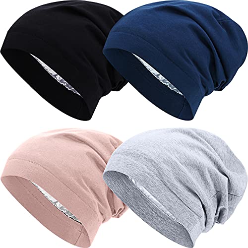 4 Stück Satin gefütterte Schlafmütze Slouchy Beanie Mütze Nacht Haarkappe für Frauen, Rosa, Blau, Schwarz, Grau von SATINIOR