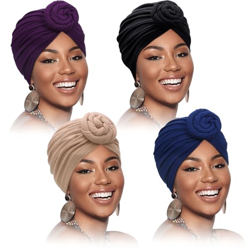 4 Stück Turban für Damen Afrikanisch Kopfbedeckung Vor-Gebunden Knoten Turban Hut Mütze Kappe, Solide Farbe von SATINIOR
