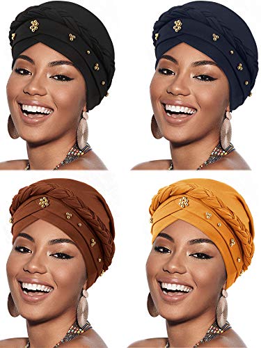 4 Stück afrikanische Frauen Turban Cap Perlen Kopftuch Beanie Twisted Braid Wrap Hut Faux Pearl Headwrap - - Medium von SATINIOR