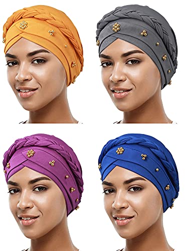 4 Stück afrikanische Frauen Turban Cap Perlen Kopftuch Beanie Twisted Braid Wrap Hut Faux Pearl Headwrap - - von SATINIOR