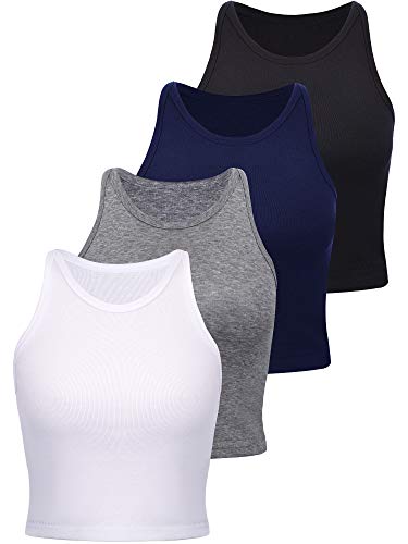 4 Stücke Basic Crop Tank Tops Damen Ärmellose Racerback Crop Tops Baumwolle Sport Crop Tops für Damen Täglich Tragen (Schwarz, Dunkelgrau, Marineblau, Weiß, S) von SATINIOR