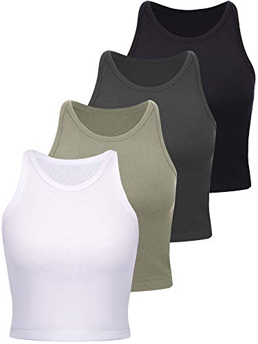 4 Stücke Basic Crop Tank Tops Damen Ärmellose Racerback Crop Tops Baumwolle Sport Crop Tops für Damen Täglich Tragen (Schwarz, Grau, Oliv, Weiß, L) von SATINIOR