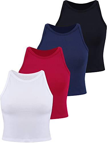 4 Stücke Basic Crop Tank Tops Damen Ärmellose Racerback Crop Tops Baumwolle Sport Crop Tops für Damen Täglich Tragen (Schwarz, Marineblau, Weinrot, Weiß, M) von SATINIOR