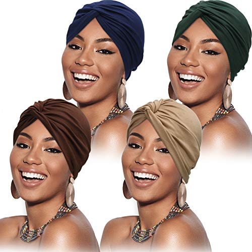 SATINIOR 4 Stücke Turbane für Frauen Soft Vorgebunden Knot Mode Plissee Turban Hut Mütze Kopfwickel Schlafmütze, 4 Farben (Khaki, Kaffee, Marineblau, Grün) von SATINIOR