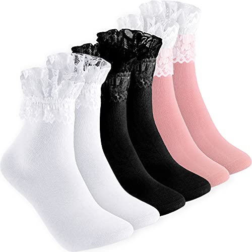 6 Paare Rüschen Söckchen Spitze Rüschen Socken Frauen (Schwarz, Weiß, Rosa) Einheitsgröße von SATINIOR