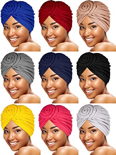 9 Stück Frauen Geknoteter Turban Hut Turban Afrikanischer Baumwolle Mütze Vorgebundene Haube Kappe Kopfwickel von SATINIOR