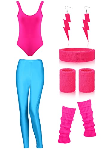 Damen 80er Jahre Workout Kostüm Outfit Zubehör Set Leggings Stirnband Armbänder Beinwärmer Ohrringe für Party Sport, Rosarot, fluoreszierendes Blau, Medium von SATINIOR