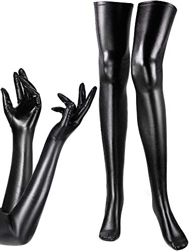 SATINIOR Damen Karneval Halloween Kostüm Elastisch Spandex Glänzend Nass Lange Handschuhe und Oberschenkel Hohe Strümpfe, Schwarz, Einheitsgröße von SATINIOR