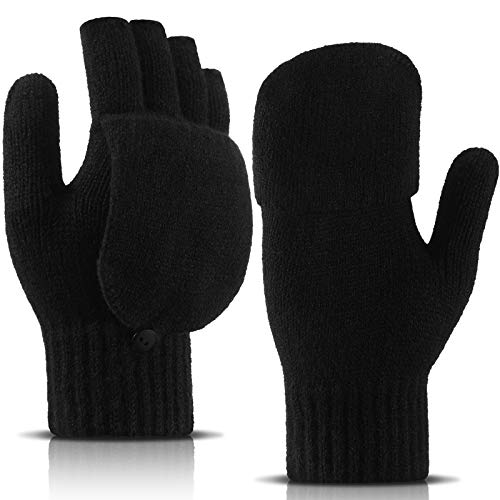 Frauen Cabrio Handschuhe Fingerlose Fäustlinge Gestrickte Fäustlinge Halbfinger Handschuhe mit Flip Abdeckung für Frauen Männer Kaltes Wetter, Schwarz von SATINIOR