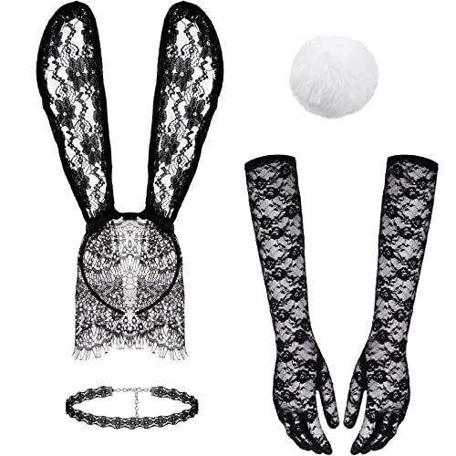 SATINIOR Häschenohren Schleier Stirnbänder Chokerhalsketten aus Schwarzer Spitze Damen Lange Spitzenhandschuhe Bunny Rabbit Tail Kostümzubehör für Kostümparty von SATINIOR