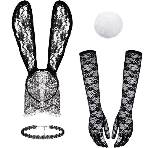 Häschenohren Schleier Stirnbänder Chokerhalsketten aus Schwarzer Spitze Damen Lange Spitzenhandschuhe Bunny Rabbit Tail Kostümzubehör für Kostümparty von SATINIOR