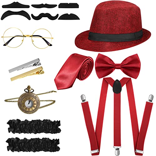 SATINIOR 1920er Jahre alte Männer Kostüm brüllend Retro Accessoires Set Gangster Hut Fliege Taschenuhr Strapse Glas Bart Krawattenklammer, Weinrot, Simple Style von SATINIOR