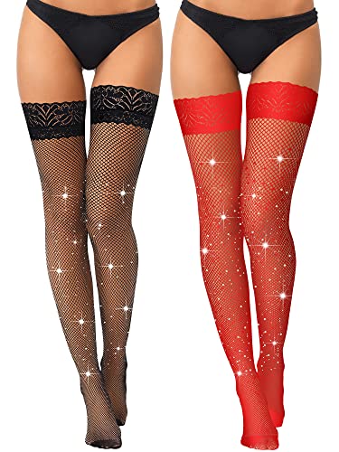 SATINIOR 2 Paar Damen Spitze Strass Netzstrümpfe Glitzer Halterlose Strümpfe Dehnbare Fischnetz Strümpfe (Schwarz, Rot, XL) von SATINIOR