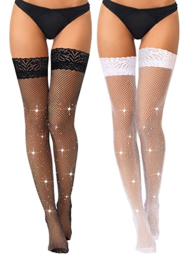 SATINIOR 2 Paar Damen Spitze Strass Netzstrümpfe Glitzer Halterlose Strümpfe Dehnbare Fischnetz Strümpfe (Schwarz, Weiß, M) von SATINIOR