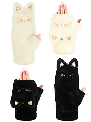 SATINIOR 2 Paar Winter Damen Fäustlinge Dicke Warm Plüsch Flip Top Fäustlinge Vollfinger Handschuhe (Weiß, Schwarz, Katze) von SATINIOR