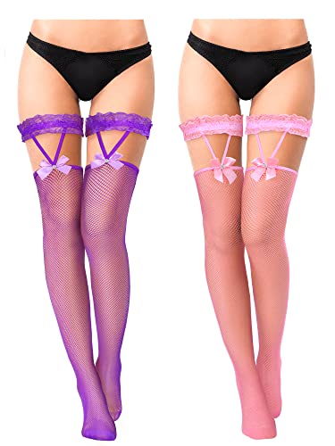 SATINIOR 2 Paar Netzstrümpfe mit Spitze Schleife Damen Oberschenkelhohe Strapsstrümpfe Halterlose Strümpfe (Rosa, Lila, M) von SATINIOR