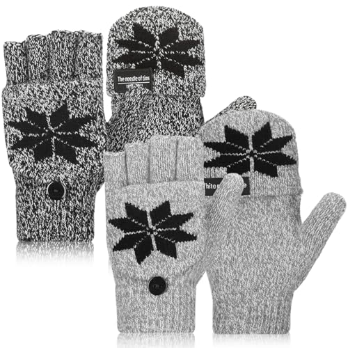 SATINIOR 2 Paar Wandelbare Damen Fingerlose Handschuhe Gestrickte Thermo Halbfinger Fäustlinge mit Schneeflocken (Schwarz, Grau) von SATINIOR