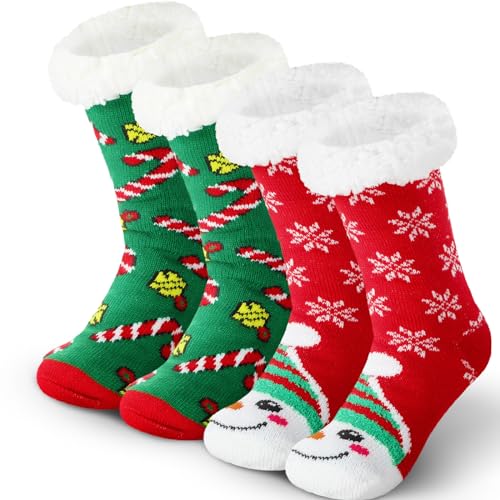 SATINIOR 2 Paar Weihnachten Hausschuhe Socken Winter Damen Kuschelsocken Warme Flauschig Fleece Weihnachtssocken (Klassisch) von SATINIOR