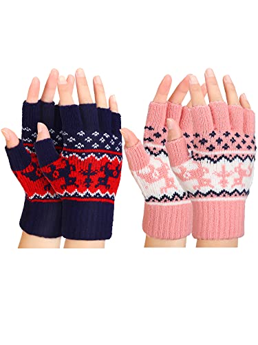 SATINIOR 2 Paar Winter Fingerlose Handschuhe Damen Thermo Fingerlos Fäustlinge Warm Halbfinger Strickhandschuhe (Schwarz und Rot) von SATINIOR