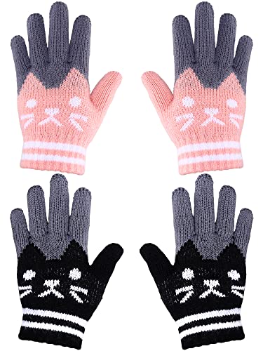 SATINIOR 2 Paar Winter Kinder Handschuhe Katze Fäustlinge Warme Gestrickte Handschuhe für 6-12 Jahre, Schwarz und Rosa von SATINIOR