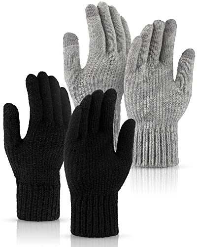 SATINIOR 2 Paar Winter Warme Touchscreen Handschuhe Winddicht Thermo Strickhandschuhe für Damen Herren Fahrrad (Schwarz, Hellgrau) von SATINIOR