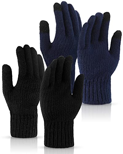 SATINIOR 2 Paar Winter Warme Touchscreen Handschuhe Winddicht Thermo Strickhandschuhe für Damen Herren Fahrrad (Schwarz, Marineblau) von SATINIOR