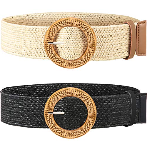 SATINIOR Geflochtener Strohgürtel für Damen mit Schnalle im Holz-Stil, elastisch, schlank, Kleid, Taillengürtel, 2 Stück, schwarz/weiß, Medium von SATINIOR